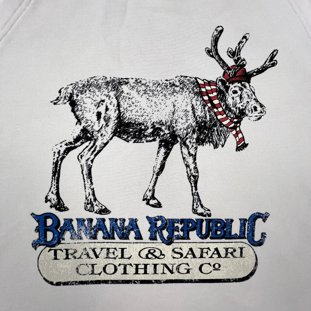 Banana Republic Sweatshirt Mens Large Cream Reindeer Safari Graphic Terry HOL19